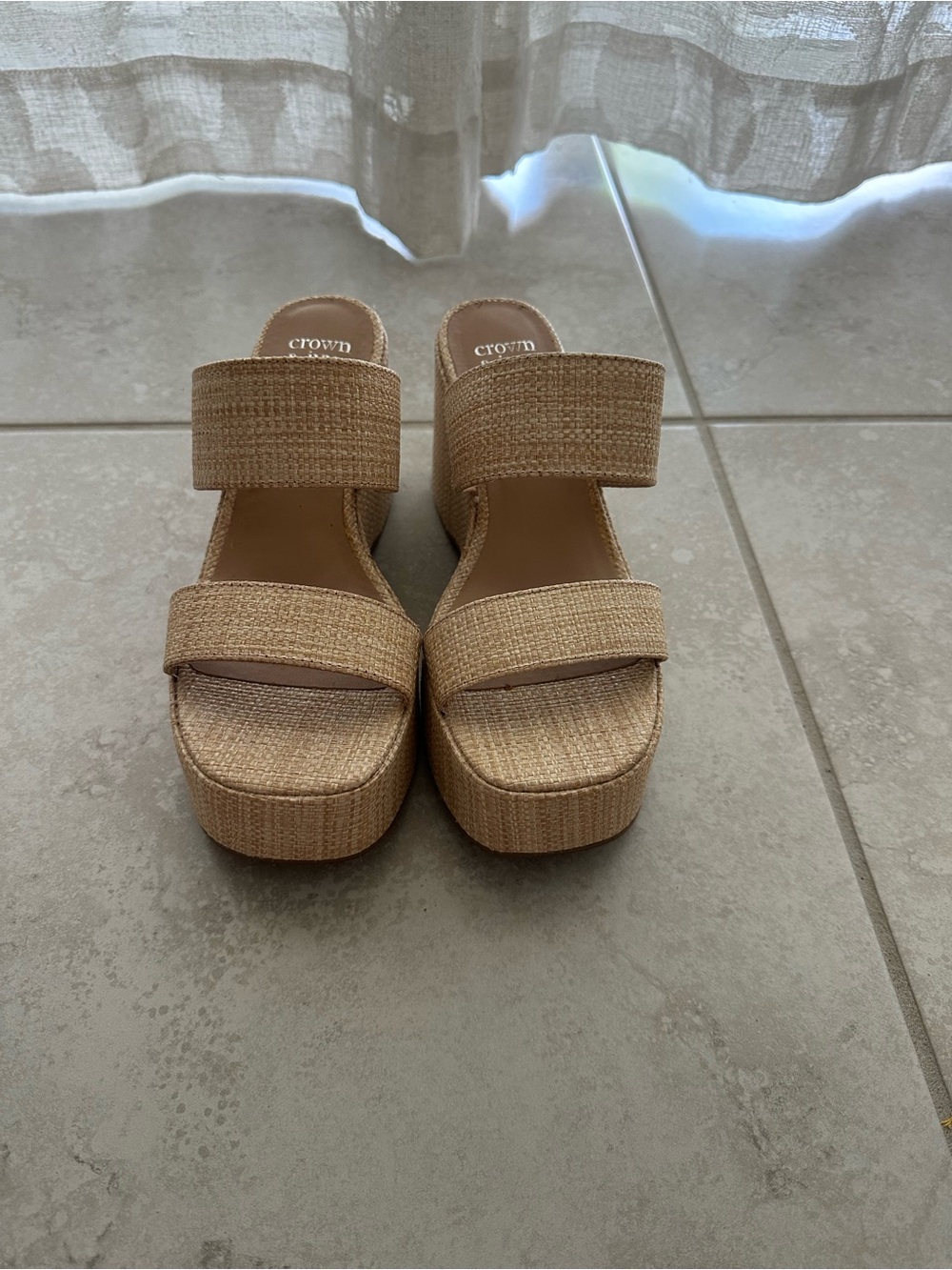 Natural Tan Woven Platform Slide Sandals